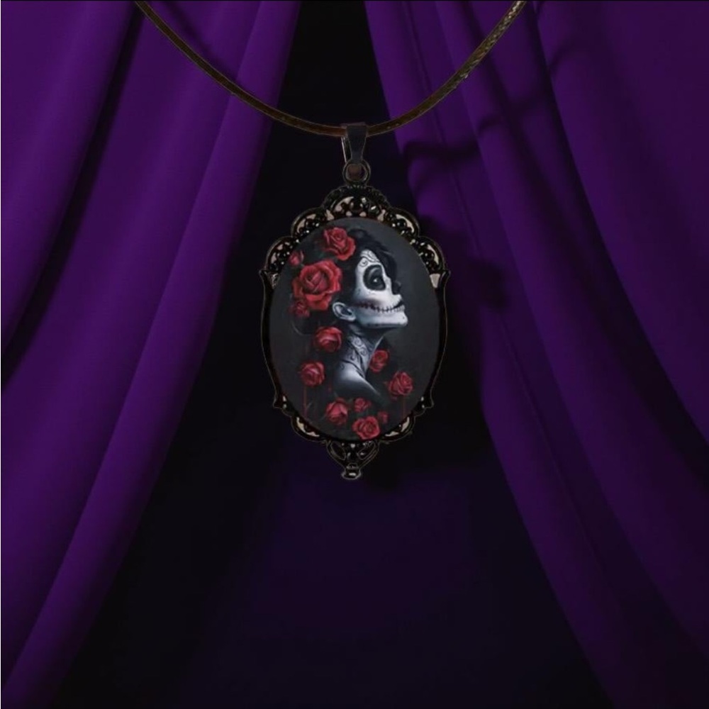 Gothic Pendant Necklace Dia De Los Muertos Skull Roses Cabochon Cameo